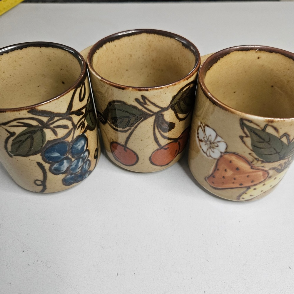 Vintage Japan Stoneware Fruit Coffee Mugs Set of 3 Strawberry Cherry Blueberry